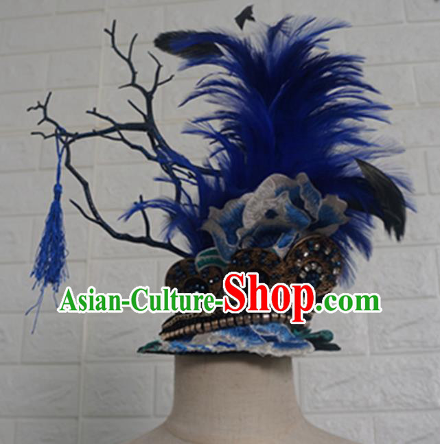 Top Grade Handmade Stage Show Branch Hair Accessories Halloween Cosplay Blue Feather Top Hat Headwear for Kids