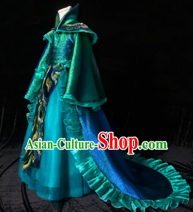 Top Grade Chinese Stage Show Costume Catwalks Dance Embroidered Green Trailing Full Dress for Kids