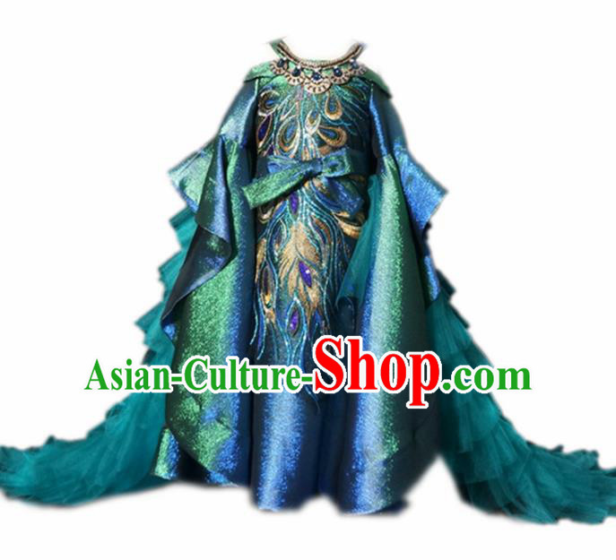 Top Grade Stage Show Dance Peacock Trailing Full Dress Catwalks Court Princess Costume for Kids