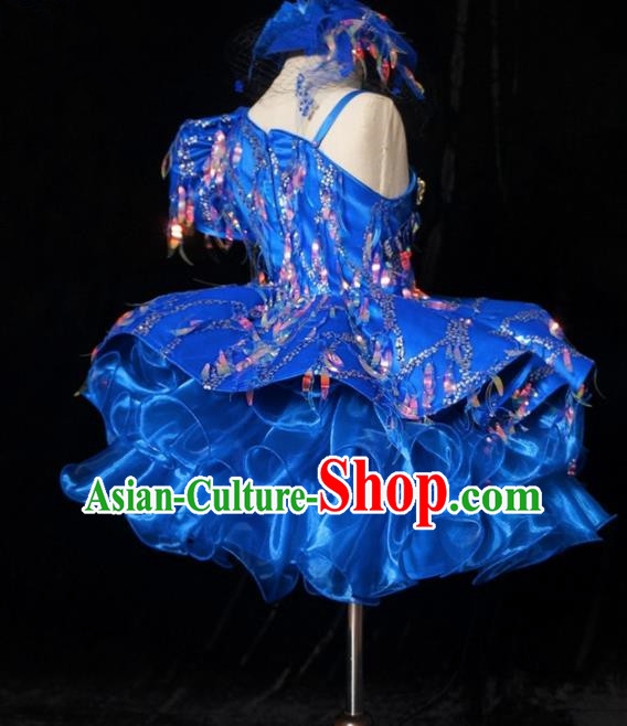 Top Grade Chinese Stage Show Costume Catwalks Dance Embroidered Blue Bubble Full Dress for Kids