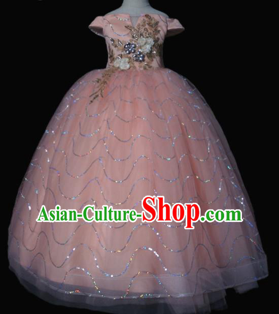 Top Grade Modern Fancywork Compere Pink Veil Dress Catwalks Court Princess Stage Show Dance Costume for Kids