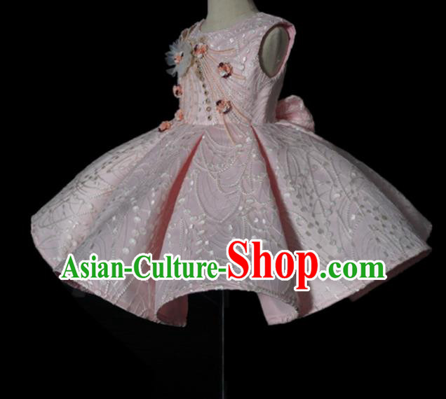 Top Grade Modern Fancywork Compere Pink Bubble Dress Catwalks Court Princess Stage Show Dance Costume for Kids