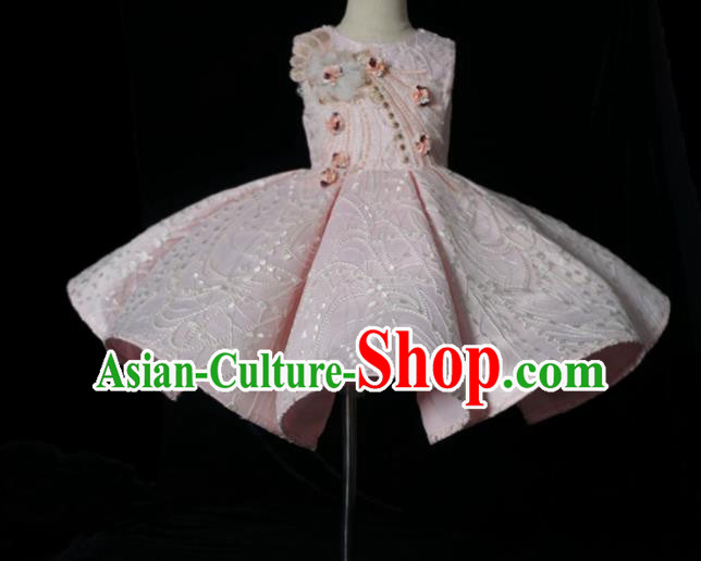 Top Grade Modern Fancywork Compere Pink Bubble Dress Catwalks Court Princess Stage Show Dance Costume for Kids