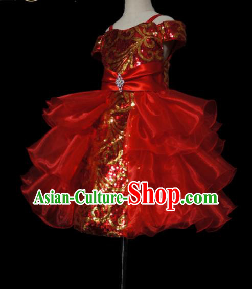 Top Grade Modern Fancywork Compere Red Short Dress Catwalks Court Princess Stage Show Dance Costume for Kids