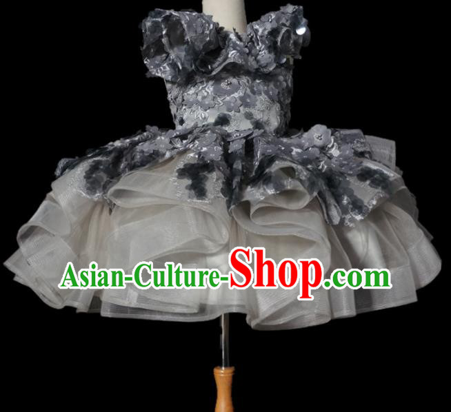 Top Grade Modern Fancywork Compere Grey Flowers Bubble Dress Catwalks Court Princess Stage Show Dance Costume for Kids