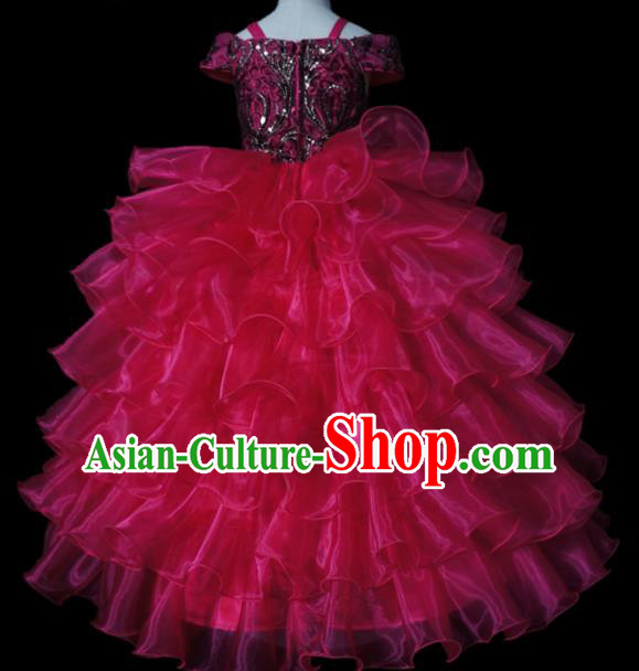 Top Grade Modern Fancywork Compere Rosy Long Dress Catwalks Court Princess Stage Show Dance Costume for Kids