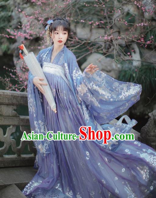 Traditional Chinese Tang Dynasty Palace Princess Historical Costume Traditional Ancient Peri Goddess Blue Hanfu Dress for Women