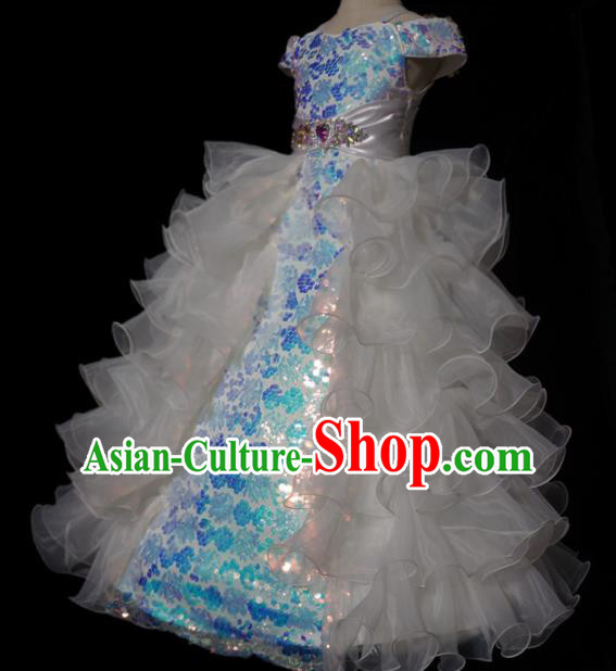 Top Grade Modern Fancywork Compere White Long Dress Catwalks Court Princess Stage Show Dance Costume for Kids