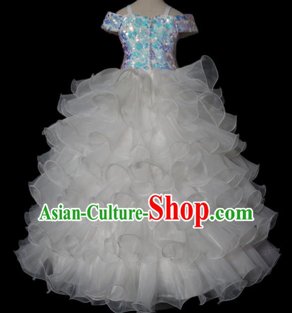 Top Grade Modern Fancywork Compere White Long Dress Catwalks Court Princess Stage Show Dance Costume for Kids