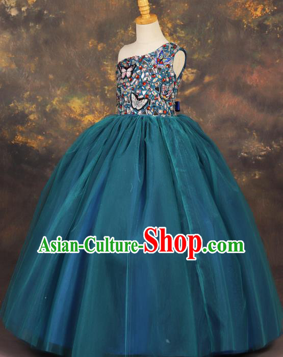 Professional Catwalks Stage Show Peacock Blue Dress Modern Fancywork Compere Court Princess Dance Costume for Kids