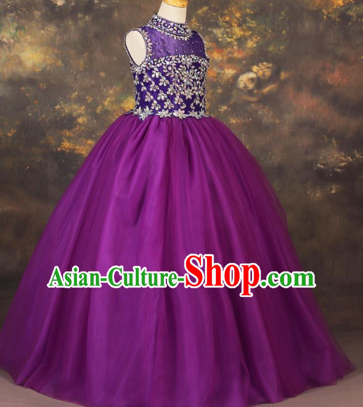 Professional Catwalks Stage Show Purple Dress Modern Fancywork Compere Court Princess Dance Costume for Kids