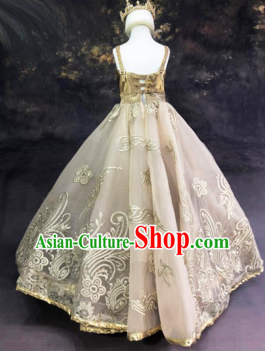 Professional Catwalks Stage Show Champagne Dress Modern Fancywork Compere Court Princess Dance Costume for Kids