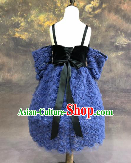 Professional Catwalks Stage Show Dance Blue Roses Dress Modern Fancywork Compere Court Princess Costume for Kids