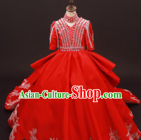 Professional Girls Compere Crystal Red Full Dress Modern Fancywork Catwalks Stage Show Costume for Kids