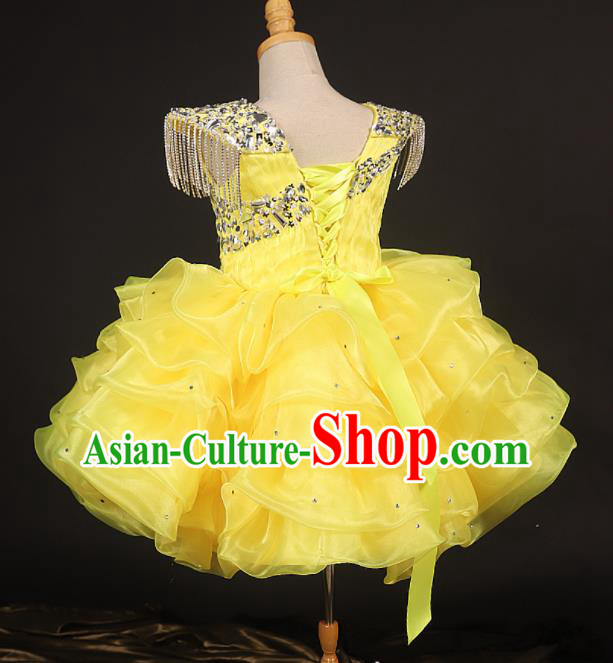 Professional Catwalks Stage Show Dance Yellow Veil Short Dress Modern Fancywork Compere Court Princess Costume for Kids
