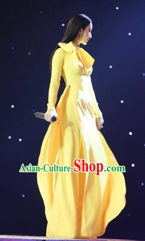 Asian Vietnam Traditional Aodai Cheongsam Vietnamese Bride Classical Yellow Qipao Dress for Women