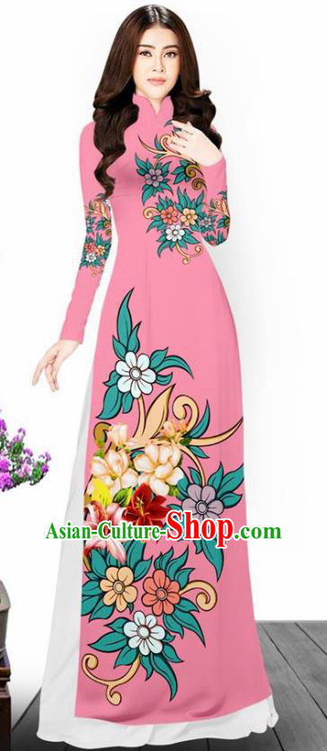 Asian Vietnam Traditional Printing Flowers Pink Aodai Cheongsam Vietnamese Bride Classical Qipao Dress for Women