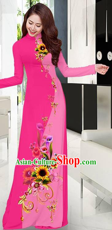 Rosy Aodai Cheongsam Asian Vietnam Traditional Costume Vietnamese Bride Classical Qipao Dress for Women