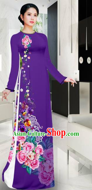 Asian Vietnam Printing Roses Purple Aodai Cheongsam Traditional Costume Vietnamese Bride Classical Qipao Dress for Women