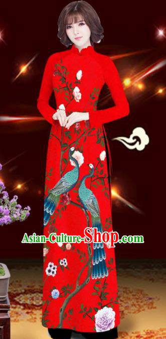 Asian Vietnam Printing Peacock Rose Red Aodai Cheongsam Traditional Costume Vietnamese Bride Classical Qipao Dress for Women