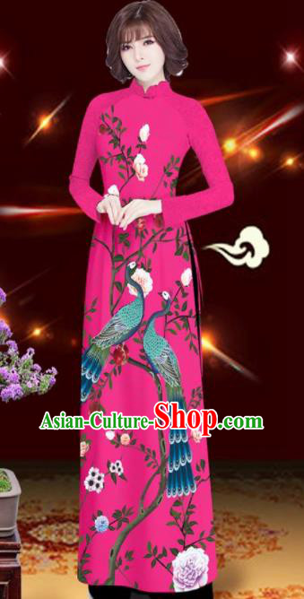Asian Vietnam Printing Peacock Rose Rosy Aodai Cheongsam Traditional Costume Vietnamese Bride Classical Qipao Dress for Women