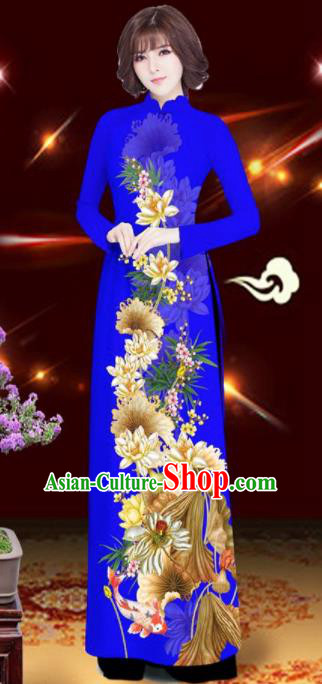 Asian Vietnam Printing Lotus Royalblue Aodai Cheongsam Traditional Costume Vietnamese Bride Classical Qipao Dress for Women
