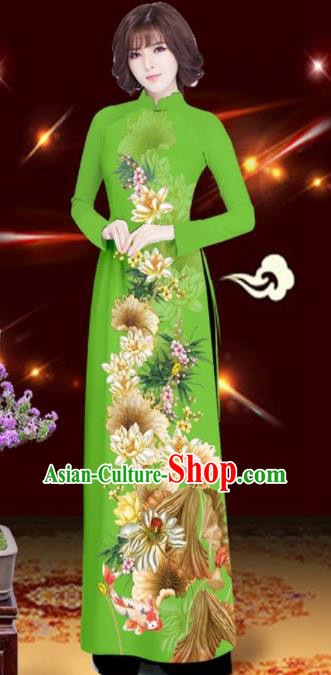 Asian Vietnam Printing Lotus Green Aodai Cheongsam Traditional Costume Vietnamese Bride Classical Qipao Dress for Women