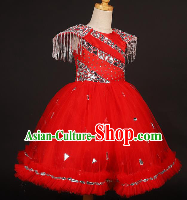 Professional Catwalks Stage Show Dance Red Veil Dress Modern Fancywork Compere Court Princess Costume for Kids