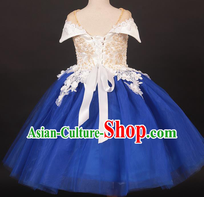 Professional Catwalks Stage Show Dance Blue Veil Dress Modern Fancywork Compere Court Princess Costume for Kids