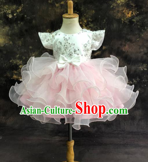 Professional Catwalks Stage Show Pink Bubble Dress Modern Fancywork Compere Court Princess Dance Costume for Kids