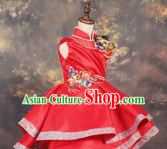 Chinese Stage Performance Folk Dance Catwalks Red Full Dress Modern Fancywork Dance Costume for Kids
