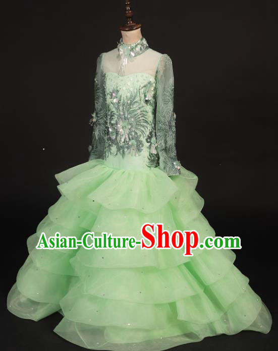 Professional Girls Catwalks Stage Show Dance Green Veil Mermaid Dress Modern Fancywork Compere Court Princess Costume for Kids