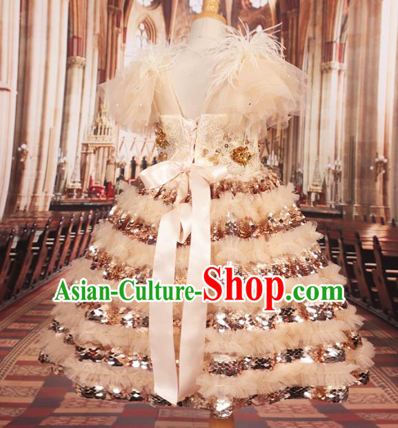 Professional Girls Catwalks Stage Show Dance Layered Dress Modern Fancywork Compere Court Princess Costume for Kids