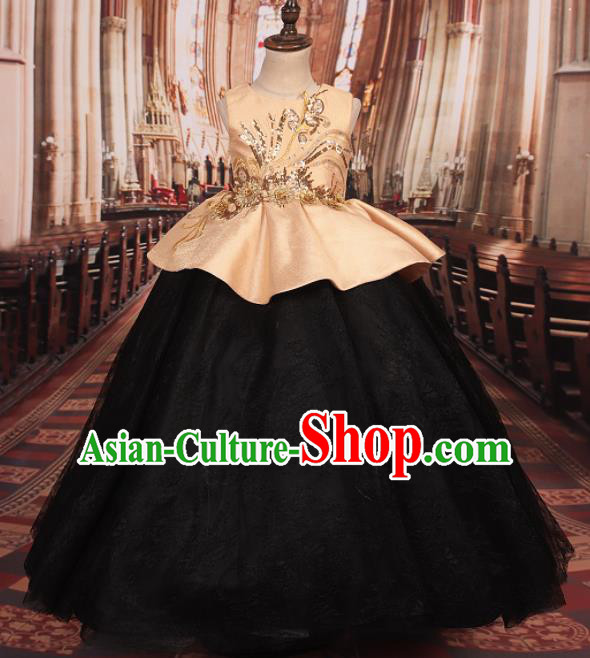 Professional Girls Catwalks Stage Show Waltz Dance Black Dress Modern Fancywork Compere Court Princess Costume for Kids
