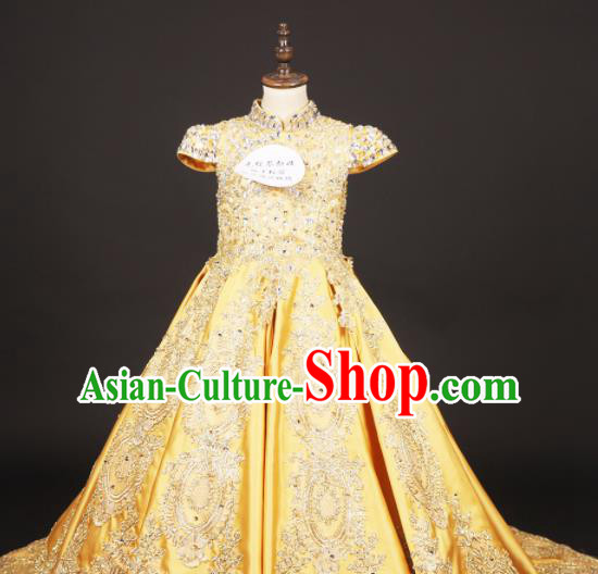 Professional Girls Catwalks Waltz Dance Yellow Dress Modern Fancywork Compere Stage Show Court Princess Costume for Kids