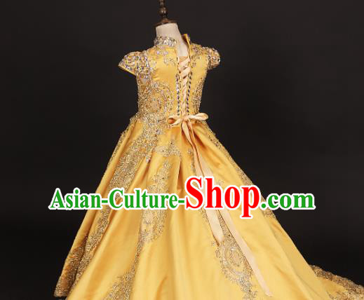 Professional Girls Catwalks Waltz Dance Yellow Dress Modern Fancywork Compere Stage Show Court Princess Costume for Kids