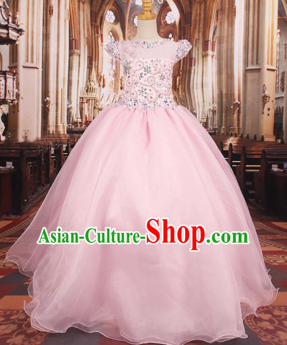 Professional Girls Catwalks Waltz Dance Pink Veil Long Dress Modern Fancywork Compere Stage Show Costume for Kids