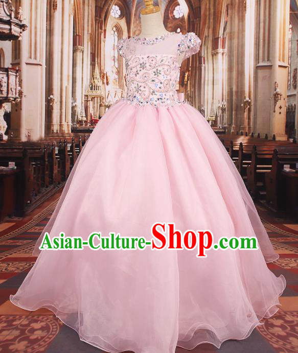 Professional Girls Catwalks Waltz Dance Pink Veil Long Dress Modern Fancywork Compere Stage Show Costume for Kids