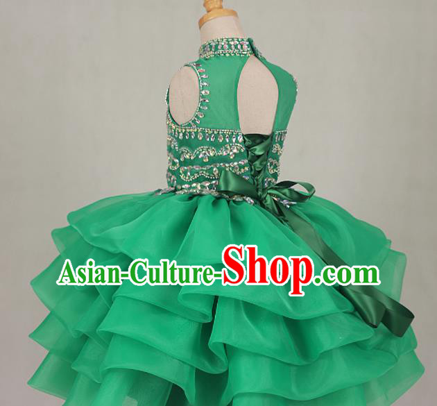 Professional Girls Catwalks Green Veil Bubble Dress Modern Fancywork Compere Stage Show Costume for Kids