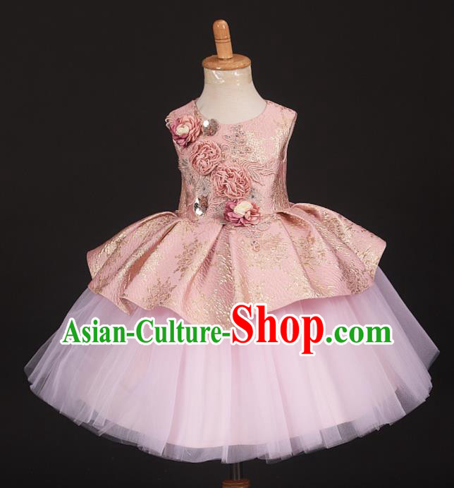 Professional Girls Catwalks Pink Veil Short Dress Modern Fancywork Compere Stage Show Costume for Kids