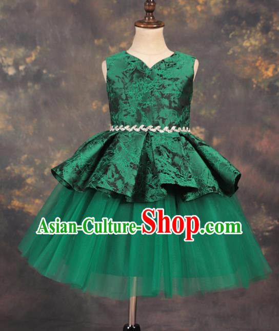 Professional Girls Catwalks Green Veil Short Dress Modern Fancywork Compere Stage Show Costume for Kids