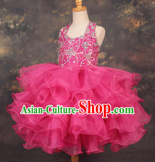 Professional Girls Catwalks Modern Fancywork Rosy Veil Short Dress Compere Stage Show Costume for Kids