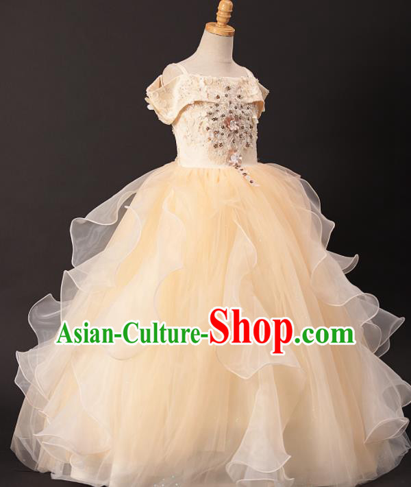 Professional Girls Catwalks Modern Fancywork Yellow Veil Dress Compere Stage Show Costume for Kids