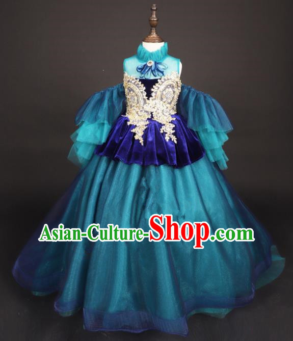 Professional Girls Modern Fancywork Blue Full Dress Catwalks Compere Stage Show Costume for Kids