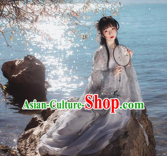 Chinese Traditional Ancient Peri Goddess Grey Hanfu Dress Tang Dynasty Court Princess Historical Costume for Women