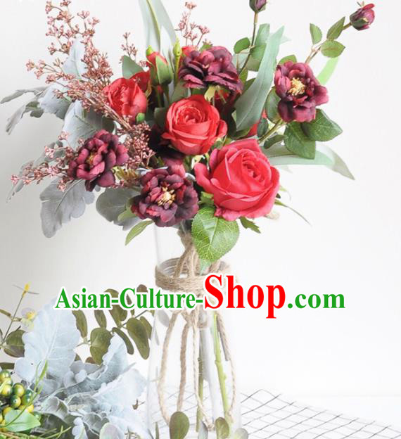 Handmade Classical Wedding Red Roses Silk Flowers Bride Holding Emulational Flowers Ball Hand Tied Bouquet Flowers for Women