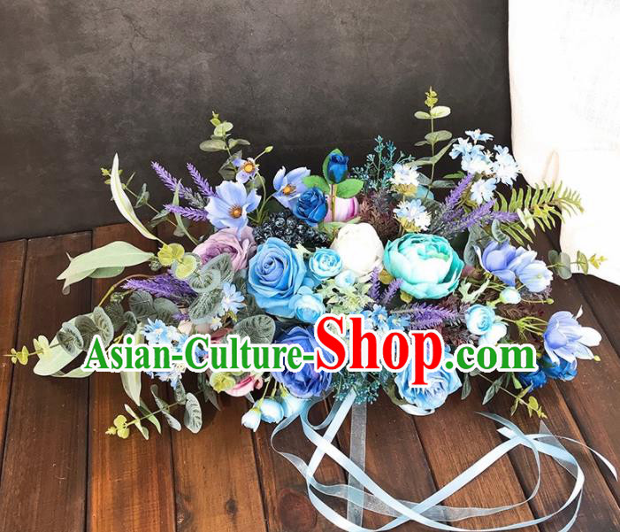 Handmade Classical Wedding Bride Holding Emulational Blue Rose Flowers Ball Hand Tied Bouquet Flowers for Women