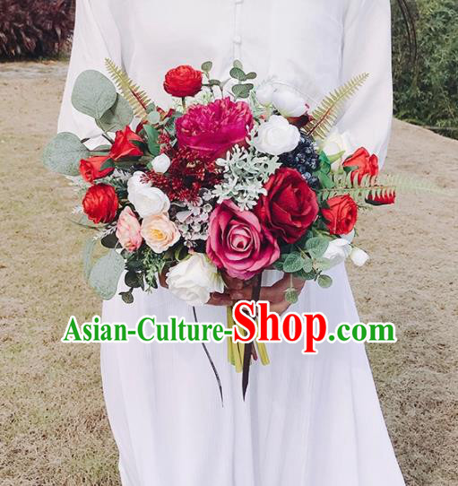 Handmade Classical Wedding Bride Holding Emulational Red Peony Flowers Ball Hand Tied Bouquet Flowers for Women
