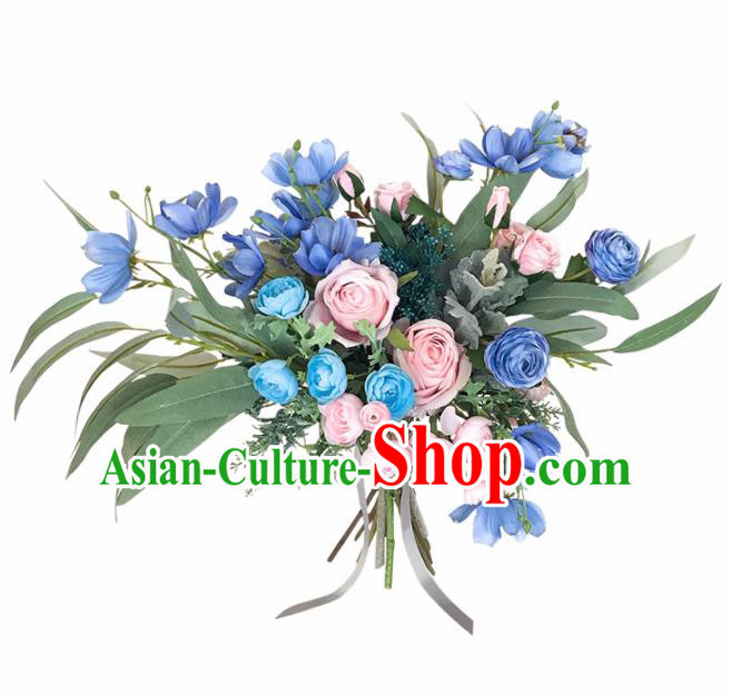 Handmade Classical Wedding Bride Holding Emulational Flowers Ball Pink Rose Hand Tied Bouquet Flowers for Women