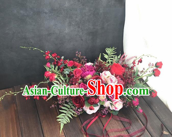 Handmade Classical Wedding Bride Holding Emulational Red Rose Flowers Ball Hand Tied Bouquet Flowers for Women